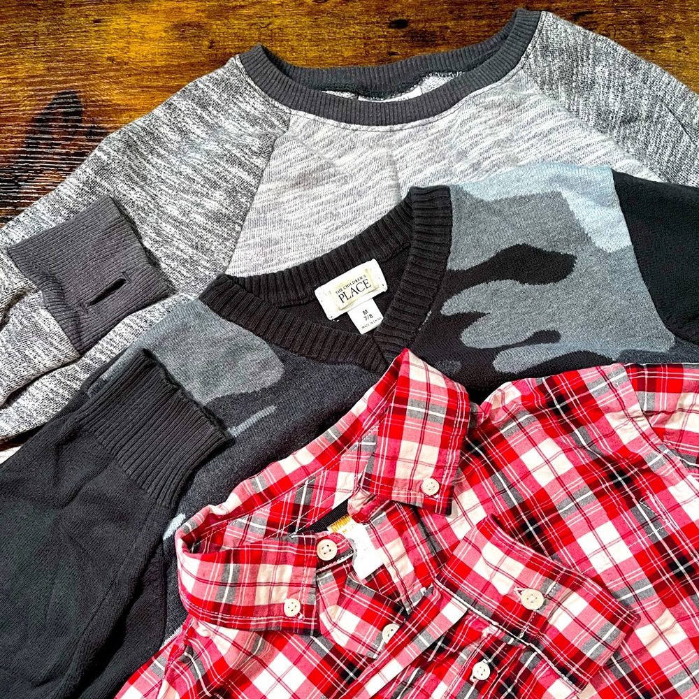 3 items - 1 sweater, 1 sweatshirt, 1 button down shirt